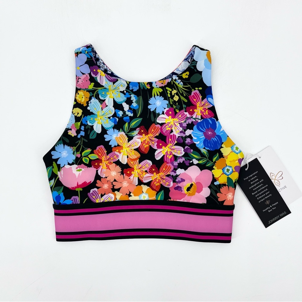 NWT Johnny Was Bee Active Wild Bloom Floral High Neck Reversible Sports Bra XS